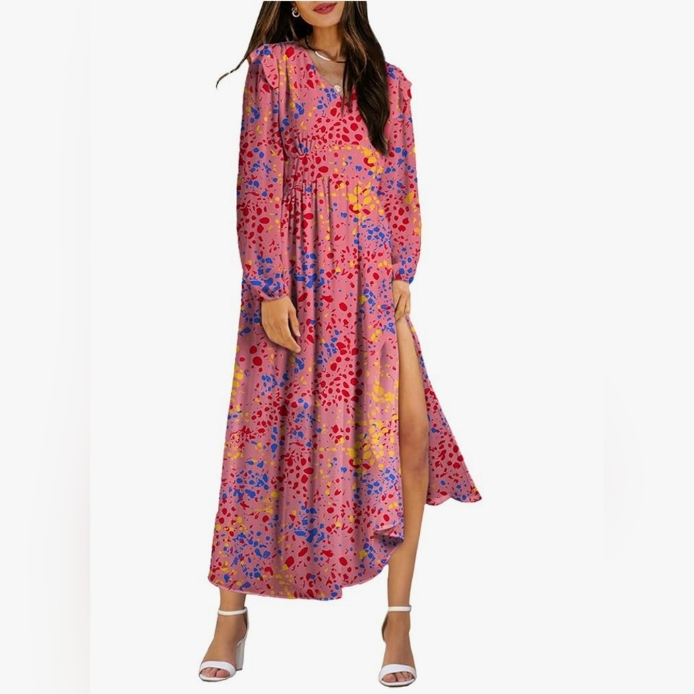 NWOT! Vibrant Multicolor Long Sleeve Maxi Dress with Pockets